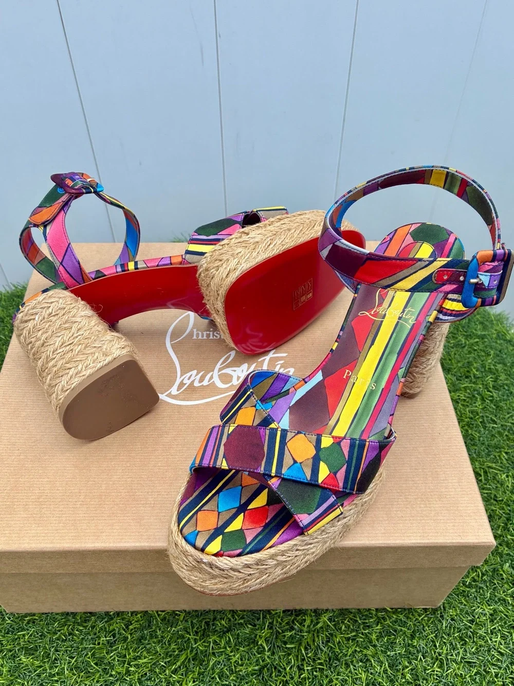 CHRISTIAN LOUBOUTIN CALAKALA 85 ESPADRILLE BLOCK HEEL MULTICOLOR SANDALS SZ 40